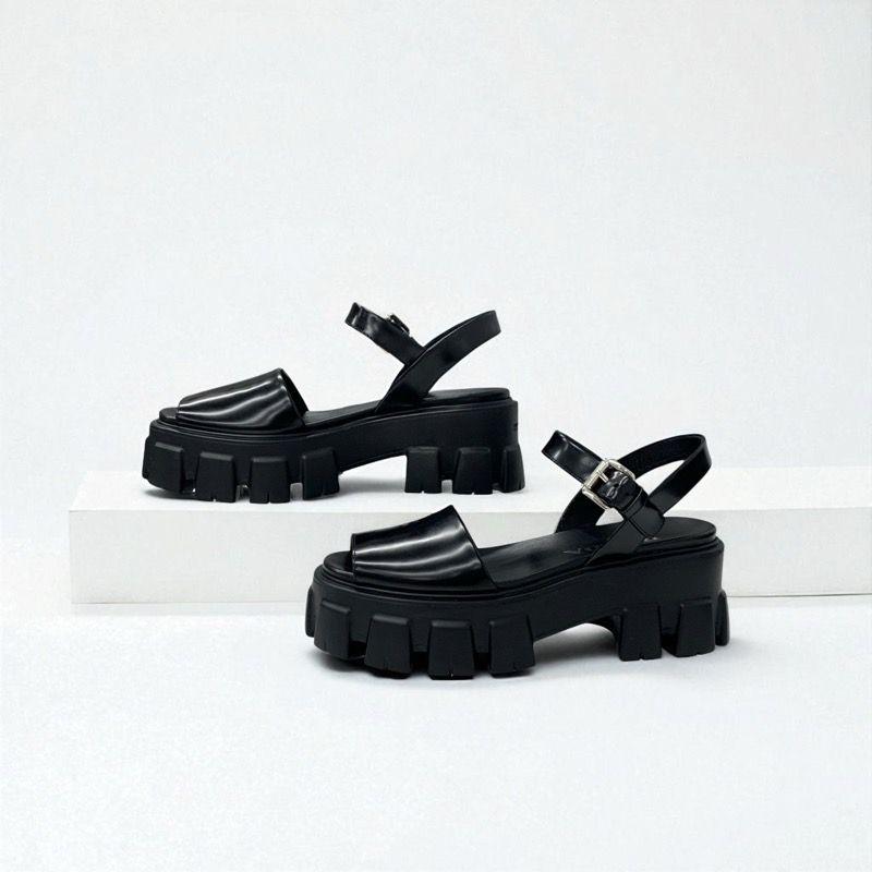 Prada Monolith Sandals Shoes Leather Black Logo Platform Strap