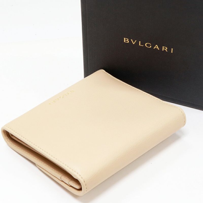 Bulgari Bifold Wallet With Coin Purse Trifold Wallet Monete Calf Beige 35225