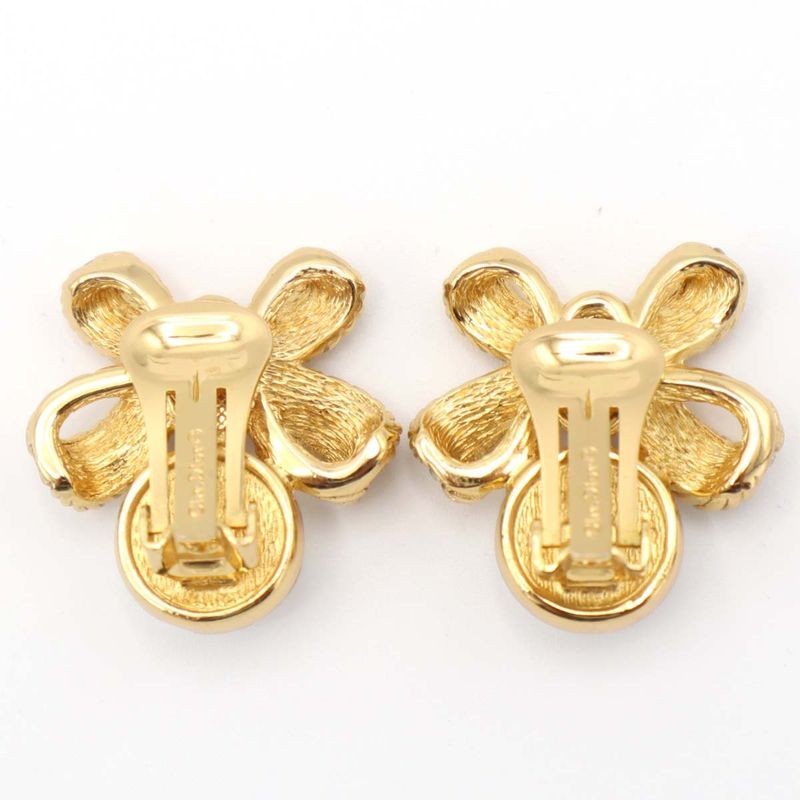 Christian DIOR Earrings Ribbon Faux Pearl Gold Color Accessories Women H1745