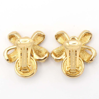 Christian DIOR Earrings Ribbon Faux Pearl Gold Color Accessories Women H1745