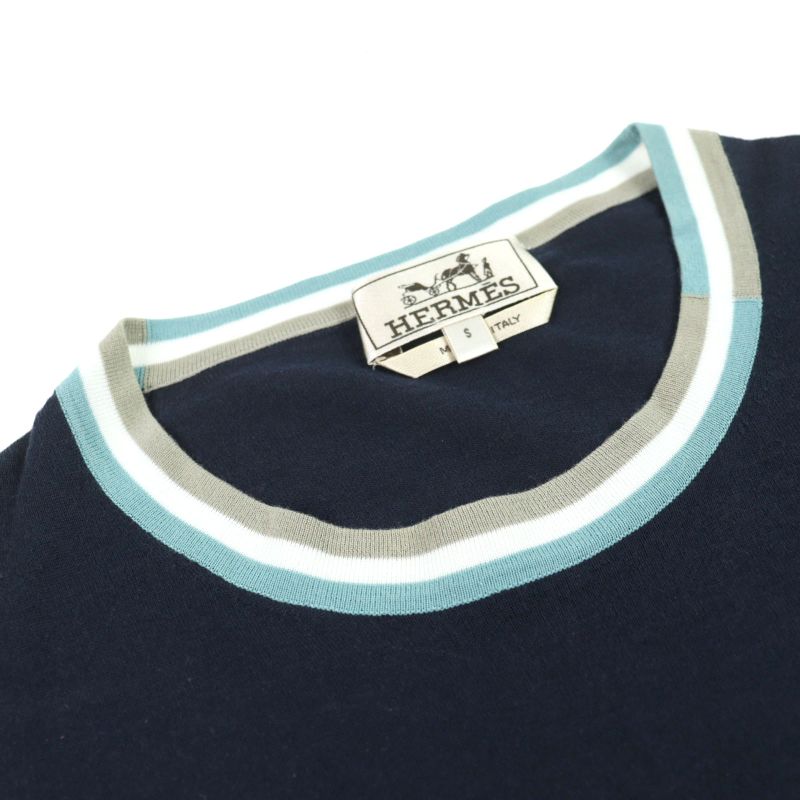 Hermes 2022 100% Cotton Crewneck Tipline Sweater Knit Navy S Made In Italy