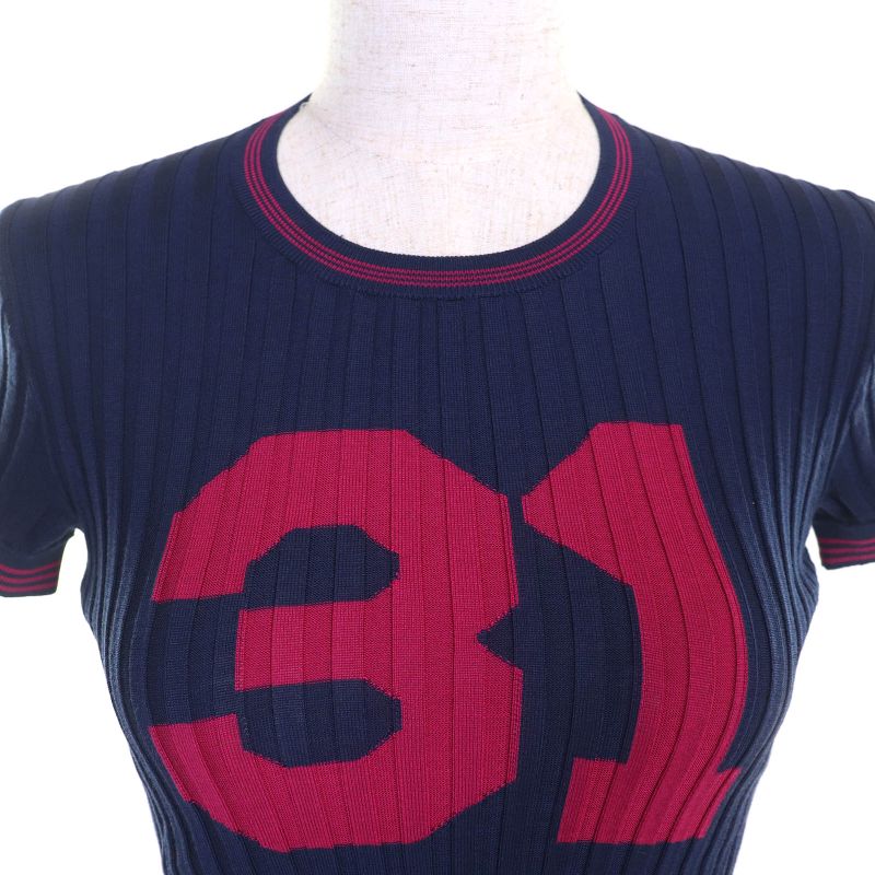 CHANEL P61004 85% Silk Coco Mark Number Rings Tight Ribbed Short Sleeve Knit