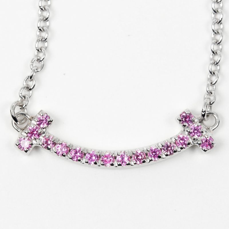 Tiffany & Co T-smile Mini 18K White Gold And Pink Sapphire Ladies 2.43g Necklace
