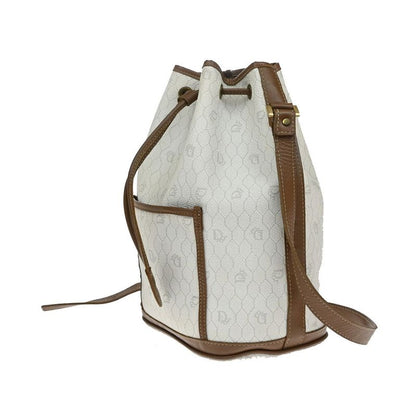 Christian DIOR Shoulder Bag Macadam Drawstring White Brown Leather Vintage