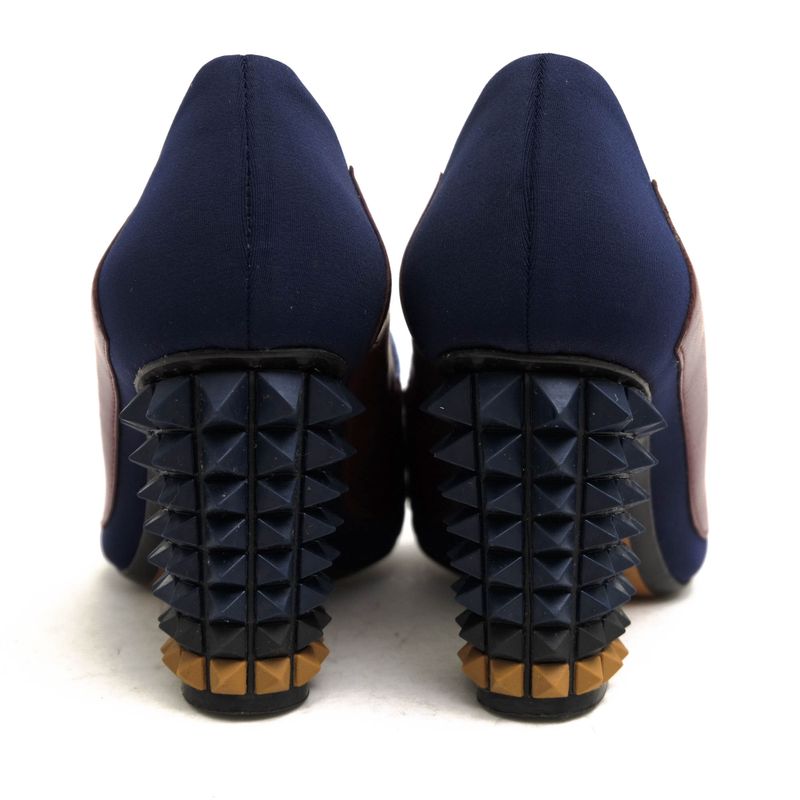 Fendi Pumps Shoes Women Leather Navy Blue High Heels Bicolor Studded