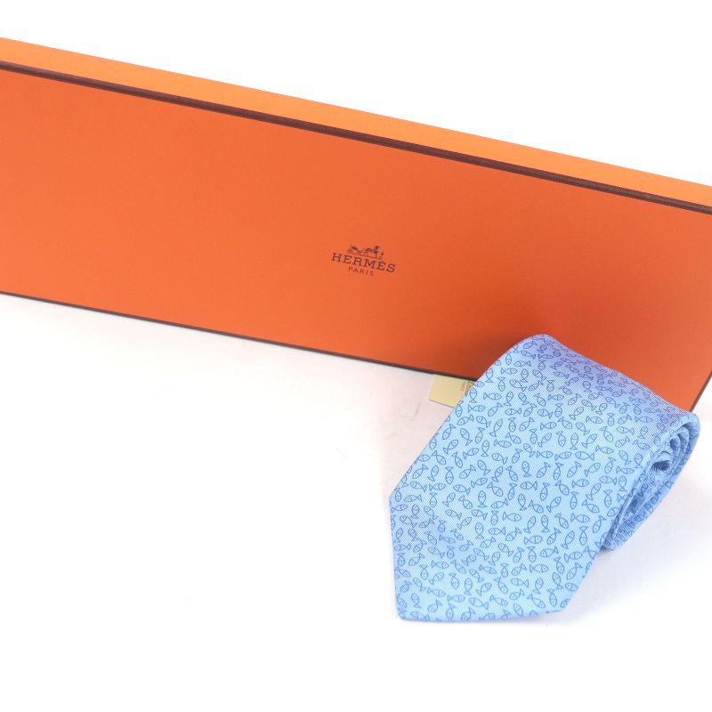 Hermes 100% Silk Alligator Wide Tie Light Blue With Box Made In France Men's