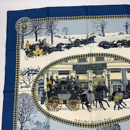 Hermes Carre 90 Postal Coach Lhiver EN Poste Scarf Silk Blue