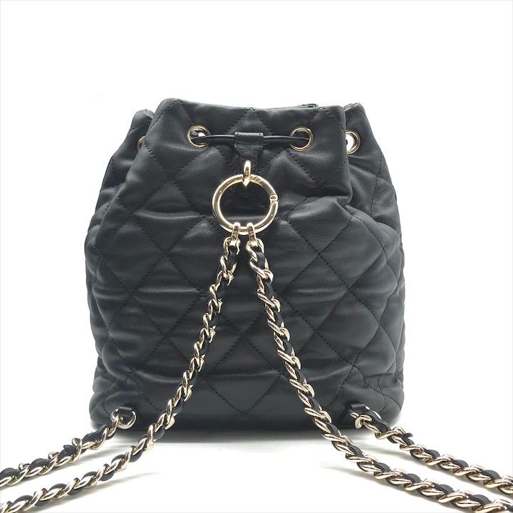 Chanel Quilted Lambskin CC Logo Drawstring Chain Backpack Pack Black