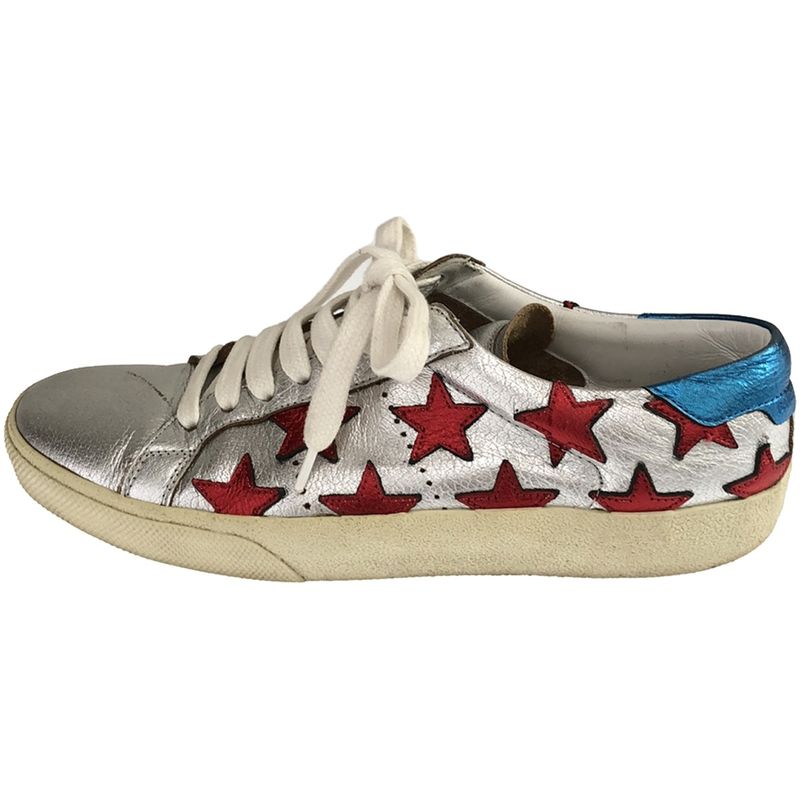 Saint Laurent Paris Star Patch Metallic Low Cut Sneakers Vu 377340 Silver 35