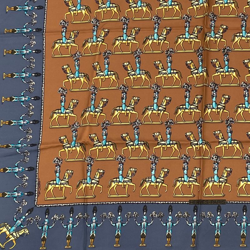 Hermes LES Artificiers Horse Carre Scarf Blue Brown Multicolor Silk Mother's