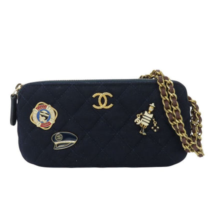 Chanel Shoulder Bag Marine Cotton Leather Navy Gold Hardware Crossbody Pochette