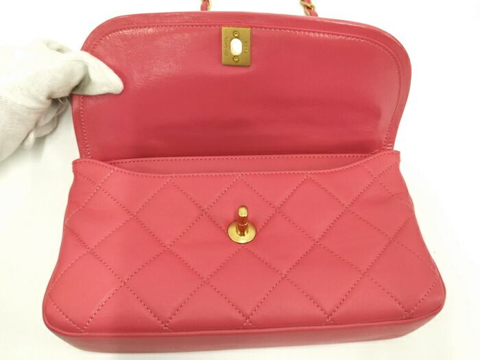 Chanel Top Handle Chain Shoulder Bag Leather Pink