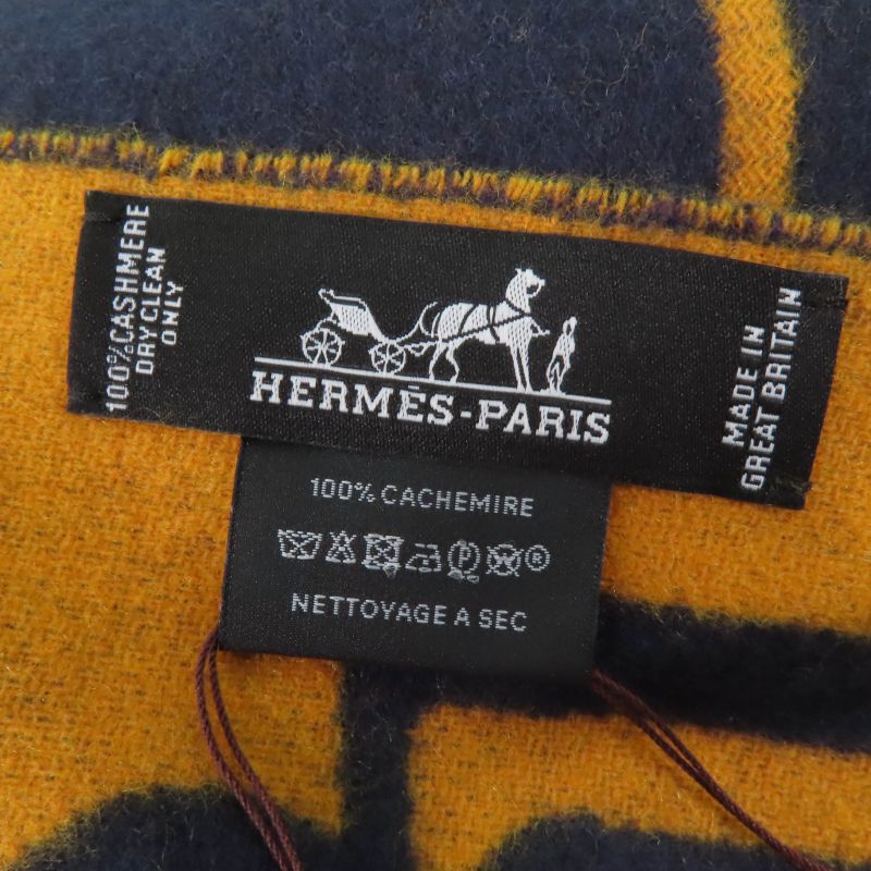 Hermes Dre Buckle Cashmere Echarpe Tisse Fringed Reversible Scarf Navy With Box