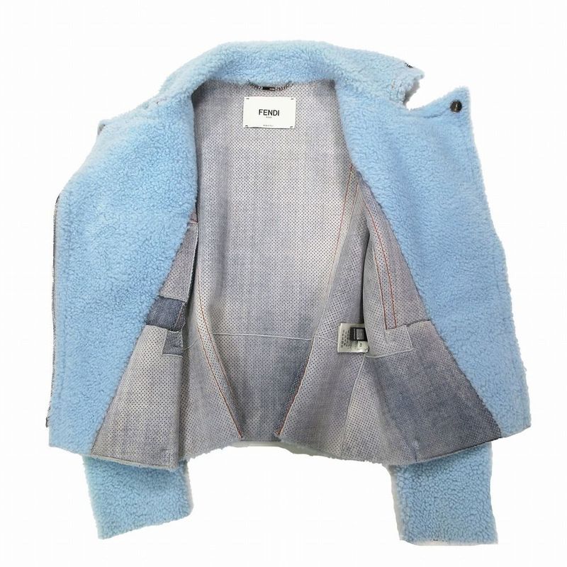 Fendi Lamb Mouton Double Riders Jacket Short Length Light Blue Size 40 Ap12-15-4