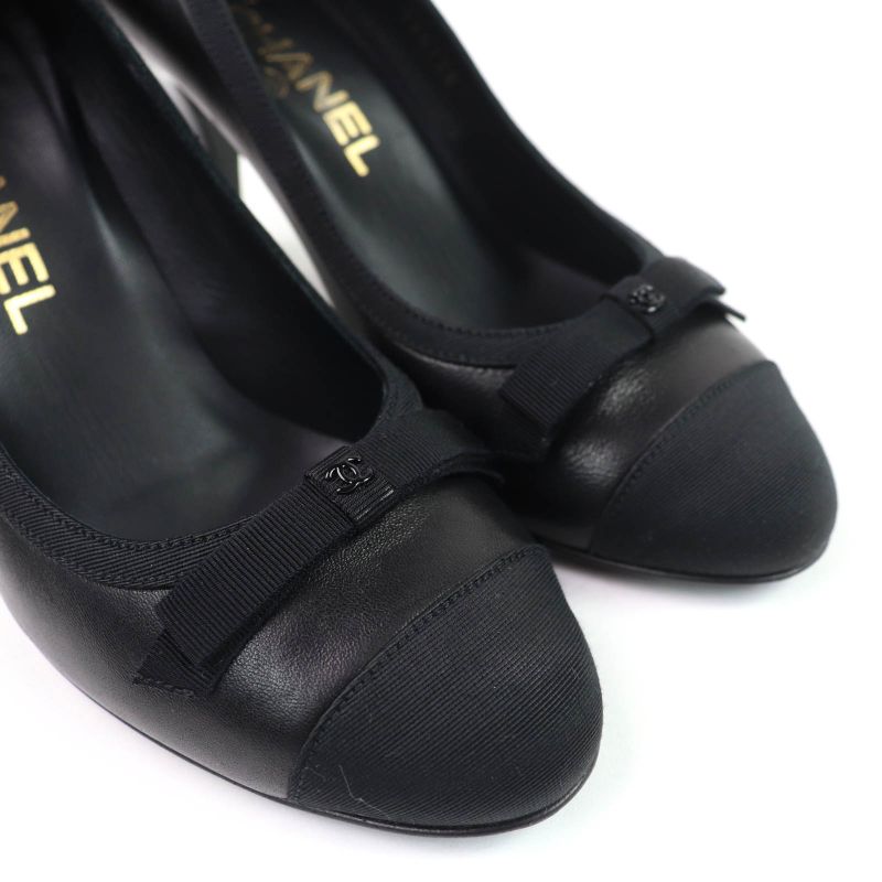 CHANEL 09A G26728y01590 Coco Mark Ribbon Satin Switch Leather Pumps Black 35.5