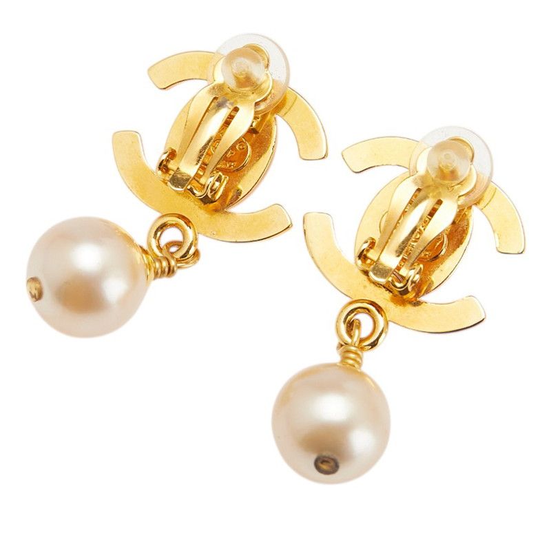 Chanel Coco Mark Turnlock Earrings Swing Gold Plated Faux Pearl Ladies Chanel