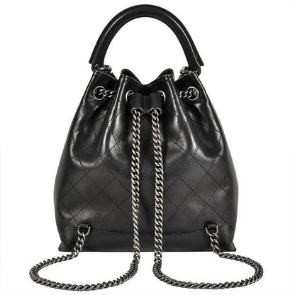 Chanel Matelasse Backpack Black Silver Hardware Drawstring Coco Mark