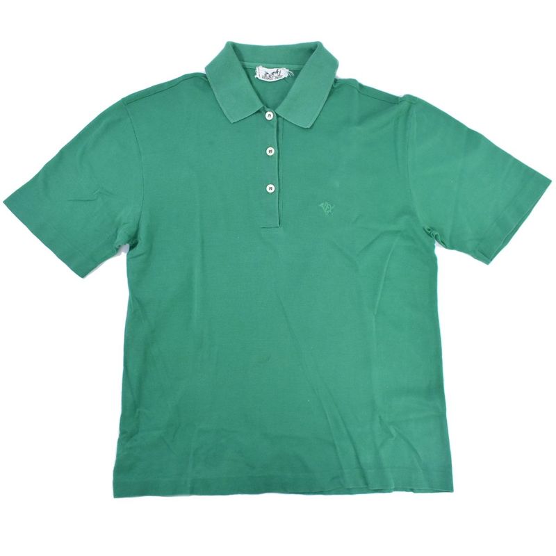 Authentic Hermes Cotton Polo Shirt Short Sleeve Tops Green Ladies Clothing Used