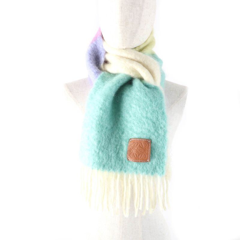 LOEWE Mohair Blend Anagram Logo Patch Fringed Scarf Multi Genuine