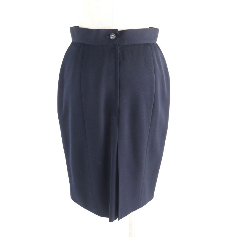 CHANEL Vintage P04471 100% Wool 90s Tight Skirt With Coco Mark Buttons Navy 38