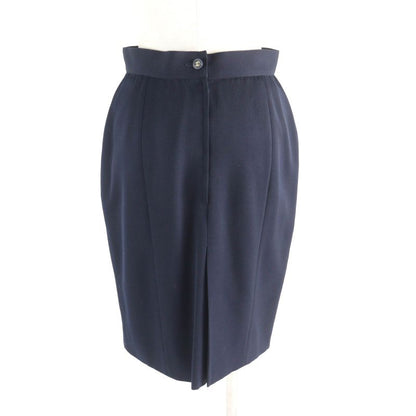 CHANEL Vintage P04471 100% Wool 90s Tight Skirt With Coco Mark Buttons Navy 38