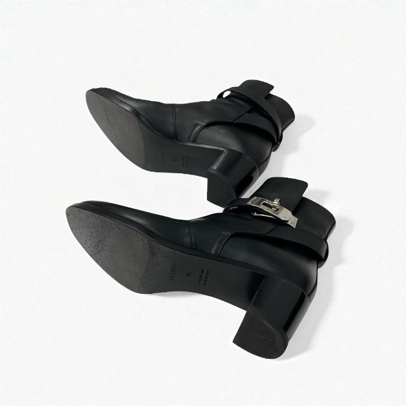 Hermes Frenchie Boots Short Shoes Leather Black Silver Kelly Hardware