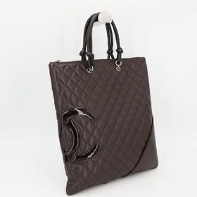 Chanel Cambon Line Flat Tote Bag Coco Mark Leather Dark Brown