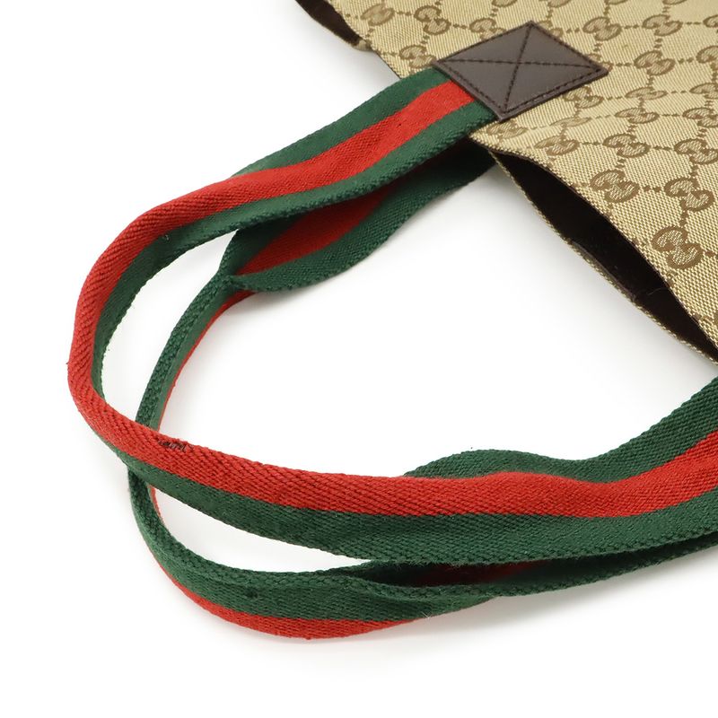 Gucci GG Canvas Sherry Line Tote Bag Large Tote Shoulder Bag Leather Khaki
