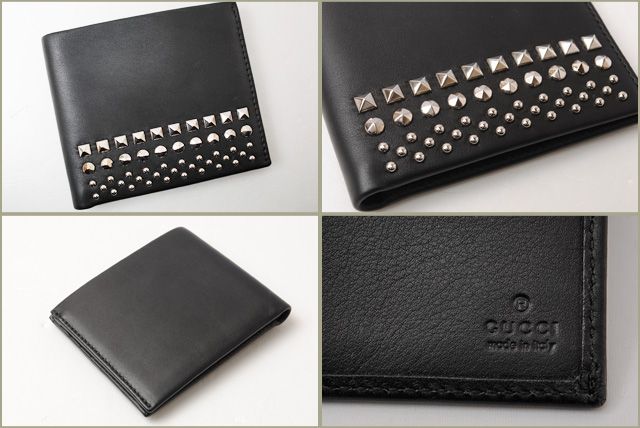Unused Gucci Fold Wallet Leather Studded Black 387455 Ap0qn 1000