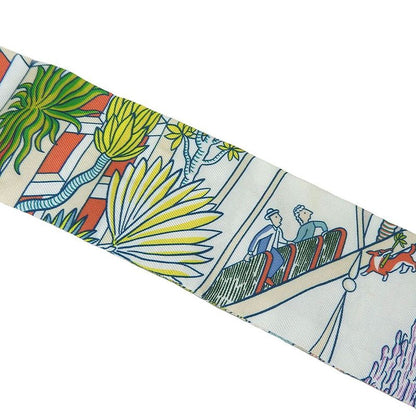 Hermes Twille Scarf 100% Silk Animapolis White Green Pink Multicolor Small