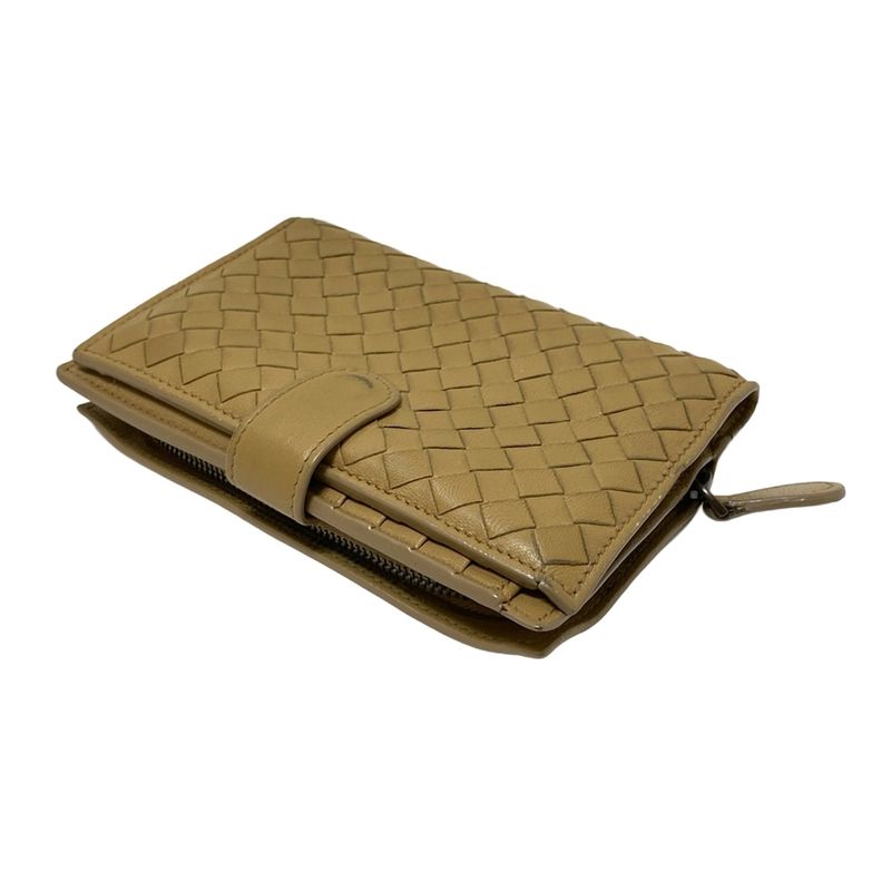 Bottega Veneta Intrecciato Beige Round Zipper Leather Bifold Wallet