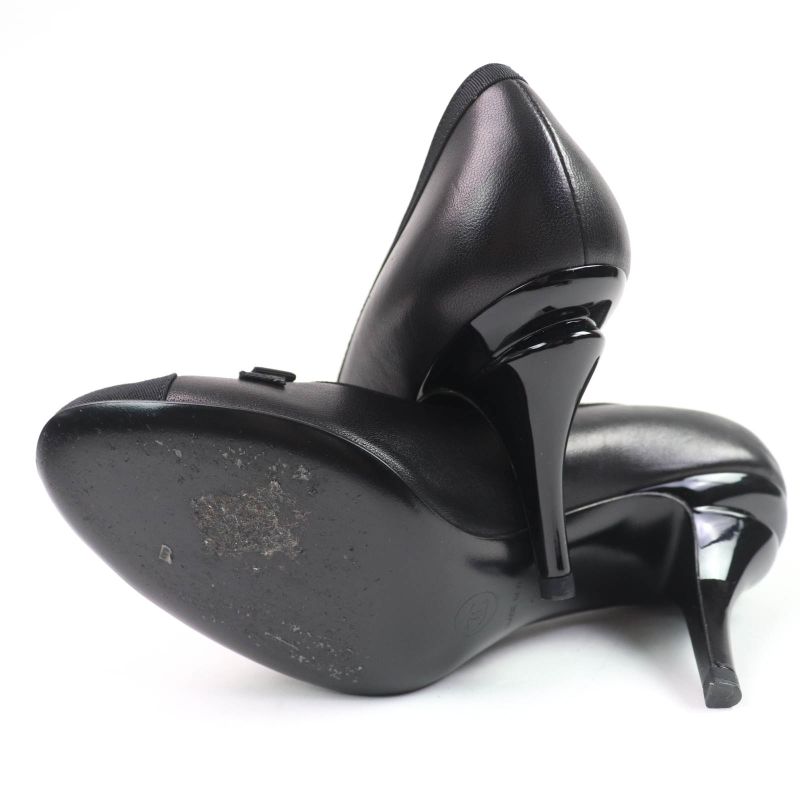 CHANEL 09A G26728y01590 Coco Mark Ribbon Satin Switch Leather Pumps Black 35.5