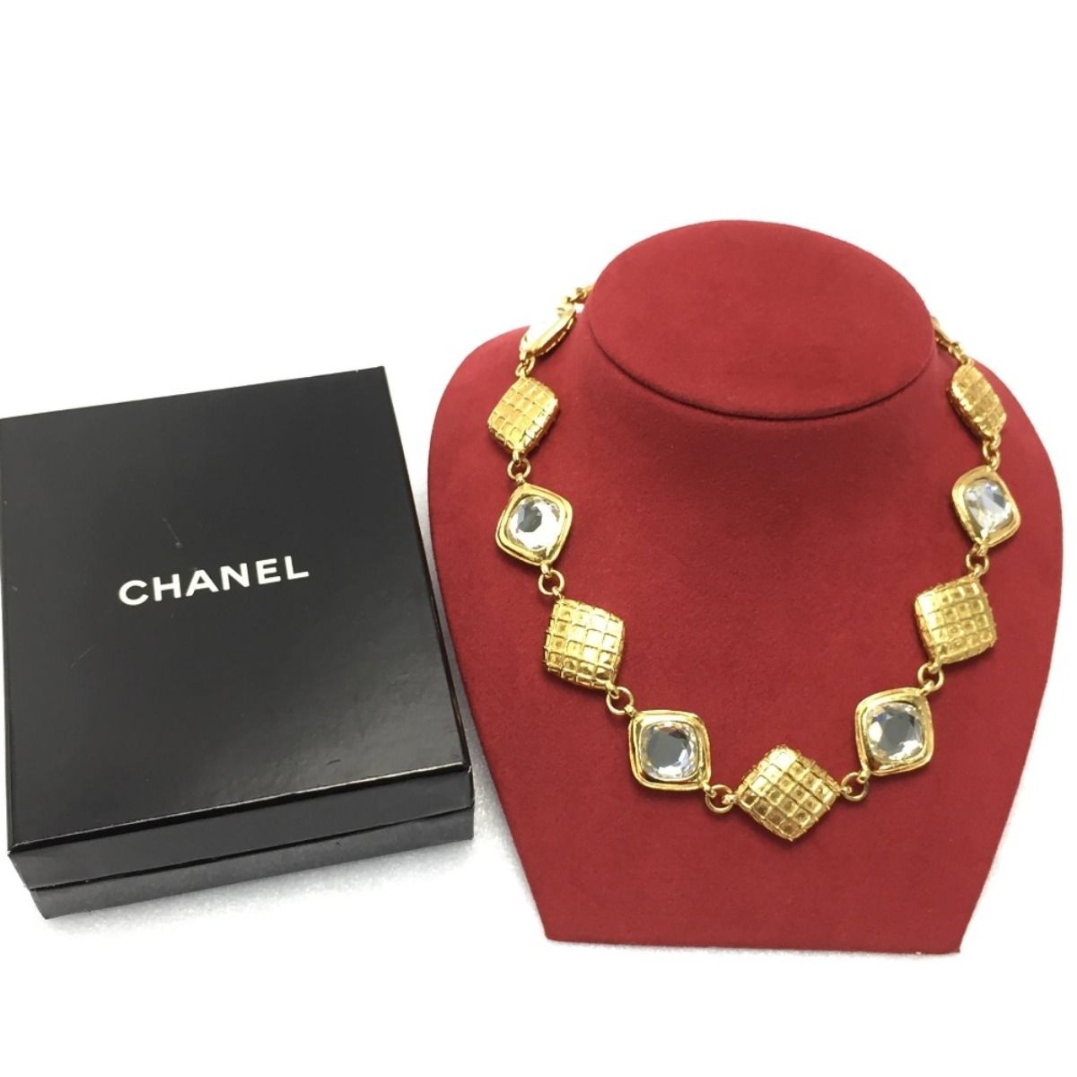 Chanel Matelasse Diamond Stone Necklace GP Vintage Boxed