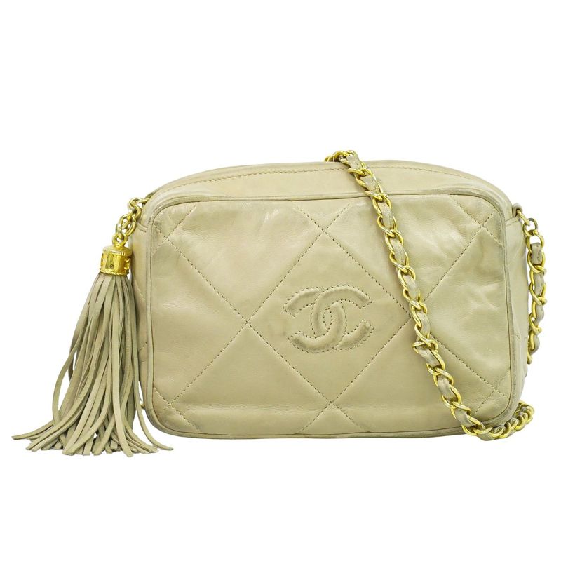 Authentic Chanel Coco Mark Matelasse Tassel Chain Shoulder Bag Lambskin Leather