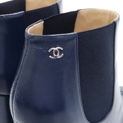 Chanel Short Boots 36 Side Gore Leather Navy Coco Mark Chanel