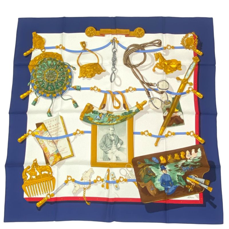 Hermes Scarf Silk Carre 90 Memoire D'hermes Navy With Box