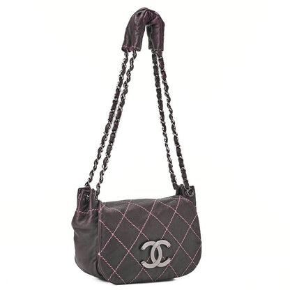 Chanel Shoulder Bag Matelasse Wild Stitch Decacoco Lambskin Purple Silver