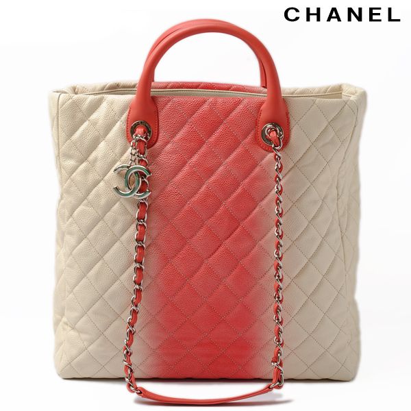 Chanel Tote Shoulder Bag Coral Pink Ivory Caviar Skin 2-way
