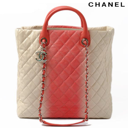 Chanel Tote Shoulder Bag Coral Pink Ivory Caviar Skin 2-way