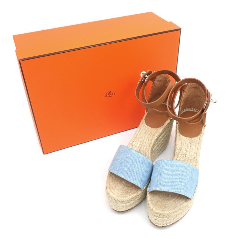 Hermes Espadrilles Tivoli Wedge Sole Sandals Blue Brown 37 Women's