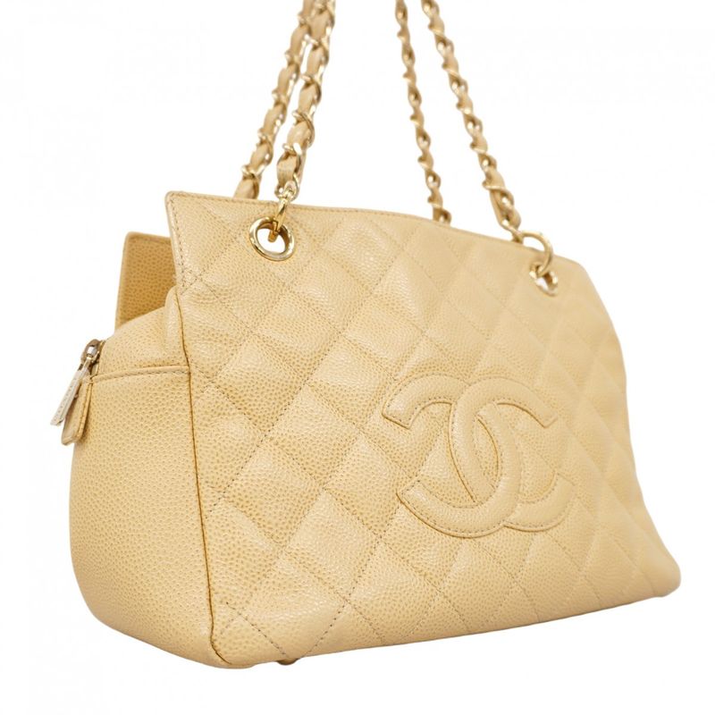 Chanel Shoulder Bag Matelasse Caviar Skin Beige Chien Pan Gold Hardware Women