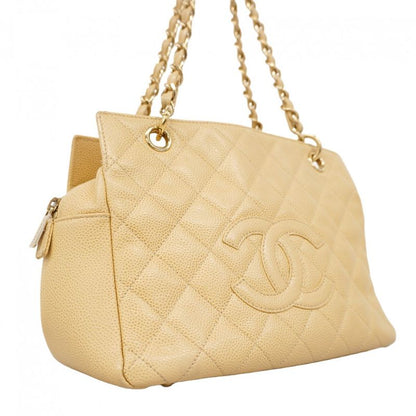Chanel Shoulder Bag Matelasse Caviar Skin Beige Chien Pan Gold Hardware Women