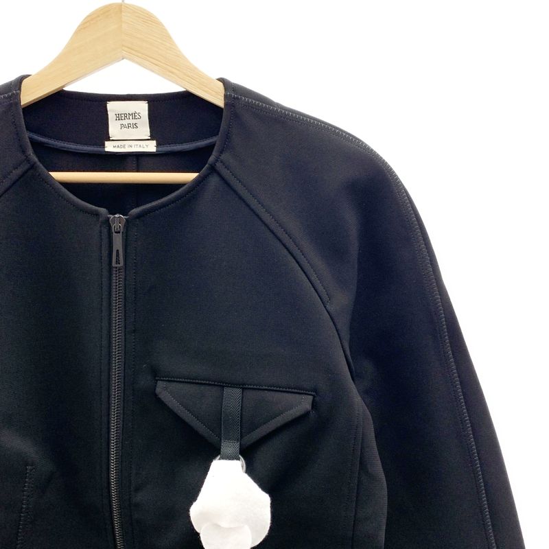Hermes - Rayon Stretch Collarless Zip Up Jacket - 40 - Black - Women