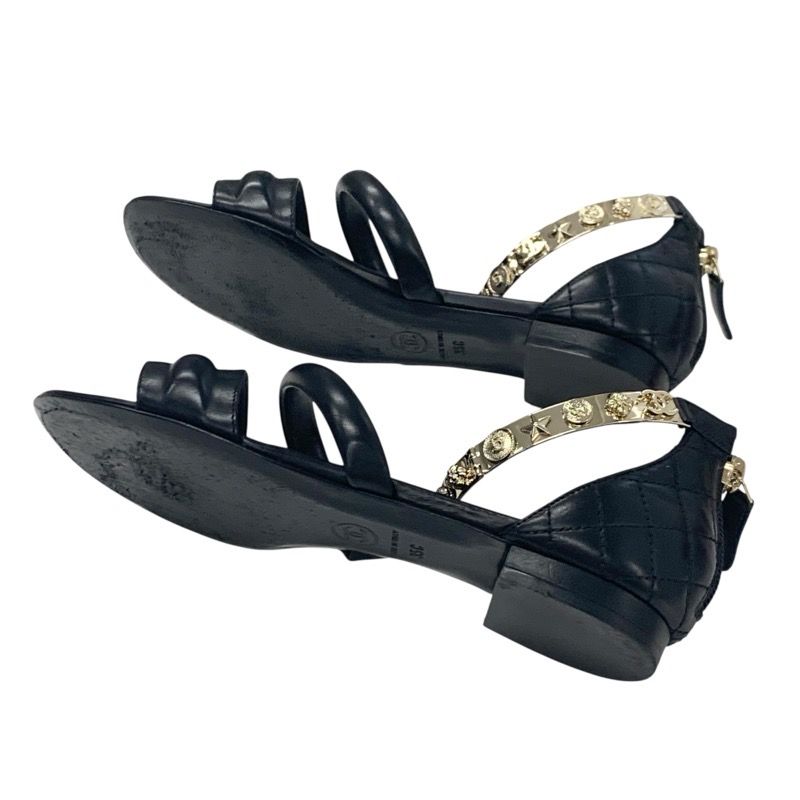Chanel Sandals Shoes Leather Black Gold Coco Mark Icon Metal Strap Matelasse