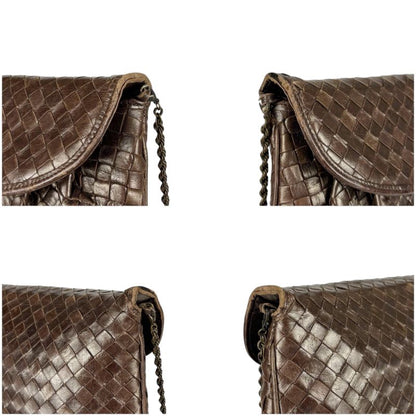 Bottega Veneta Chain Shoulder Bag Pochette Intrecciato Leather Brown Gold