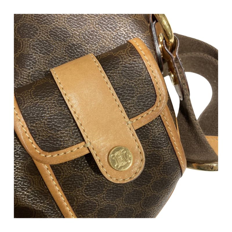 Celine ⑤ Macadam Twin Pocket Logo Button Shoulder Bag Women Brown FREE
