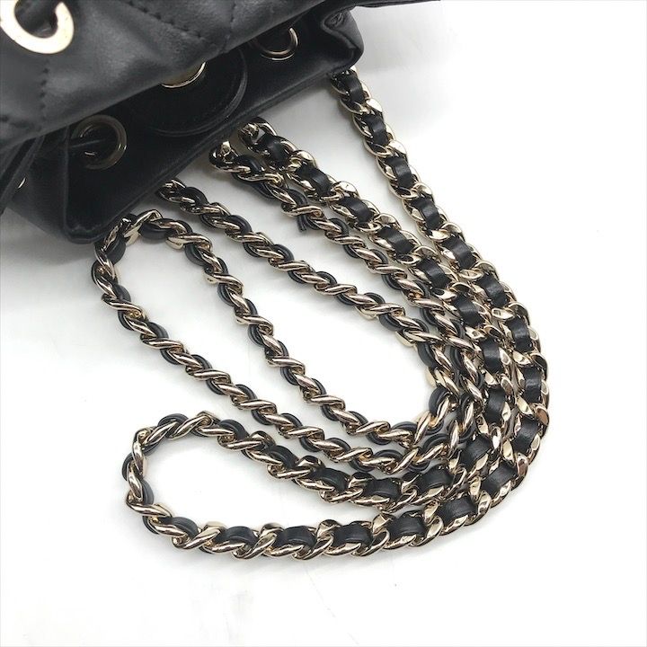 Chanel Quilted Lambskin CC Logo Drawstring Chain Backpack Pack Black