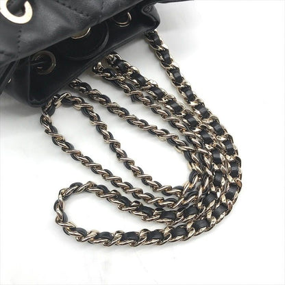 Chanel Quilted Lambskin CC Logo Drawstring Chain Backpack Pack Black