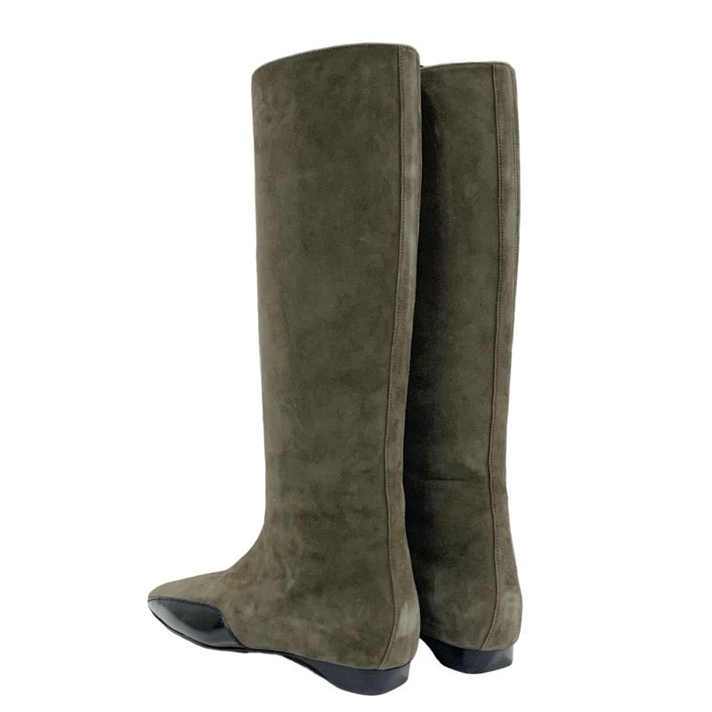 Hermes Final Boots Long Boots Shoes Suede Leather Khaki Black