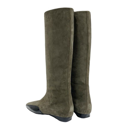 Hermes Final Boots Long Boots Shoes Suede Leather Khaki Black